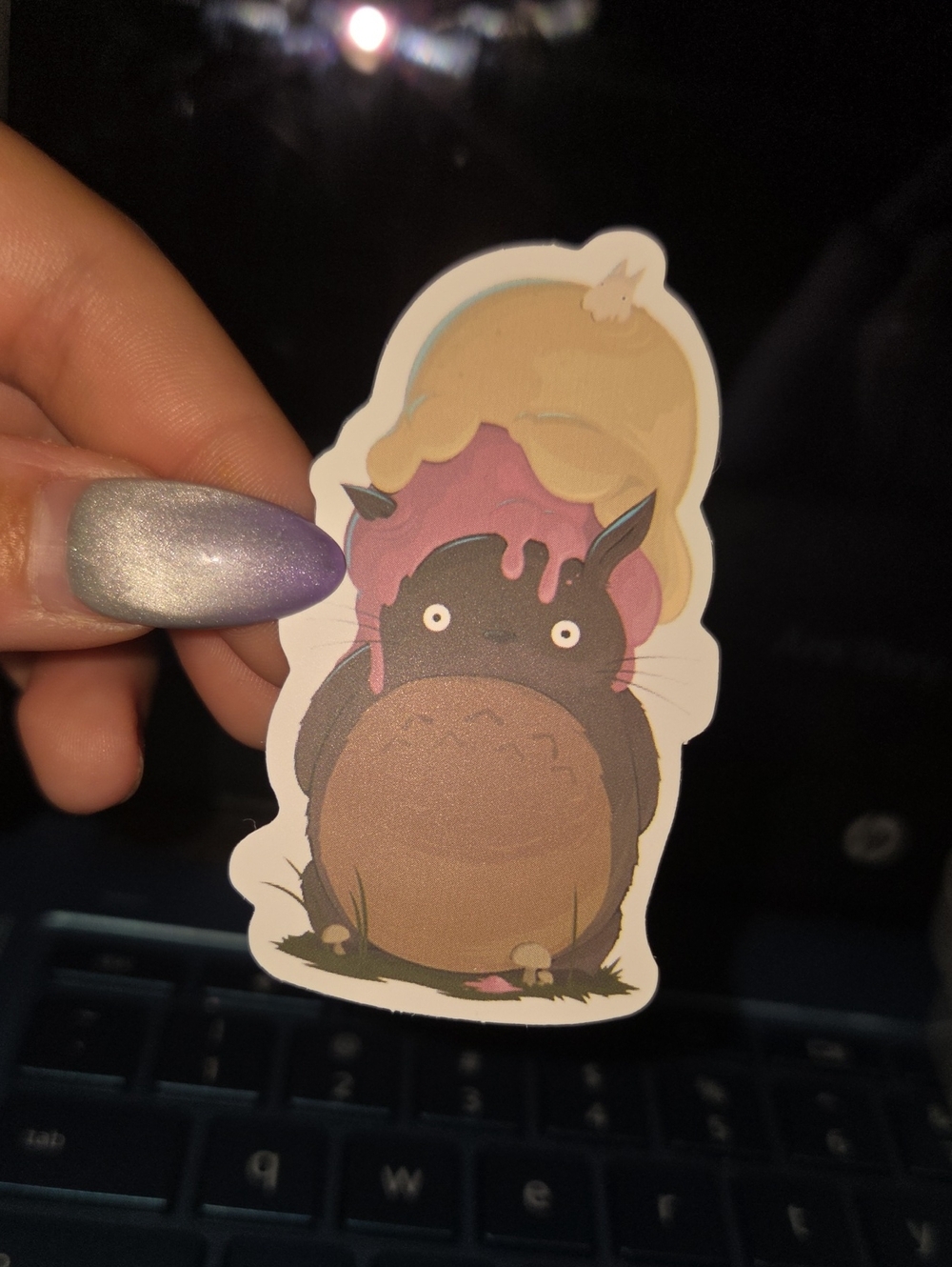 Cute Brown Cartoon Character Vinyl Sticker — Pink & Cream Ice Cream Design